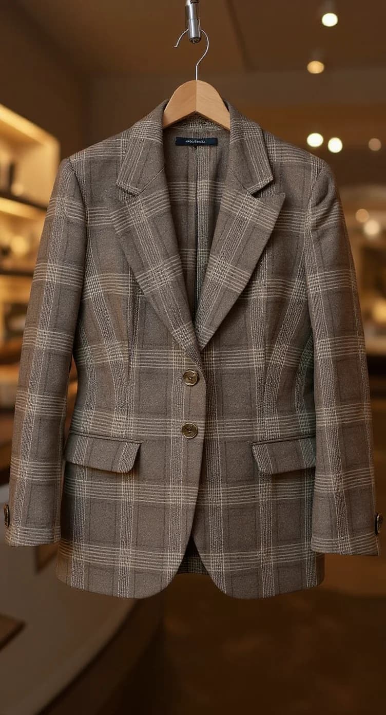 A professional photograph of a brown plaid blazer hanging on a wooden hanger against a blurred interior background with warm lighting. The blazer features a classic two-button front closure with brass-colored buttons, notched lapels, and two front flap pockets. The fabric is a wool blend with a distinct brown and beige plaid pattern throughout. The blazer is photographed from a straight-on angle, showing its full front view. The background is softly blurred, creating a shallow depth of field effect, with warm-toned recessed ceiling lights visible. The lighting creates subtle shadows and highlights on the fabric's texture. The blazer's shoulders are well-structured and the sleeves are visible extending to the sides. The image has a professional, retail-showroom quality with warm, golden lighting throughout.