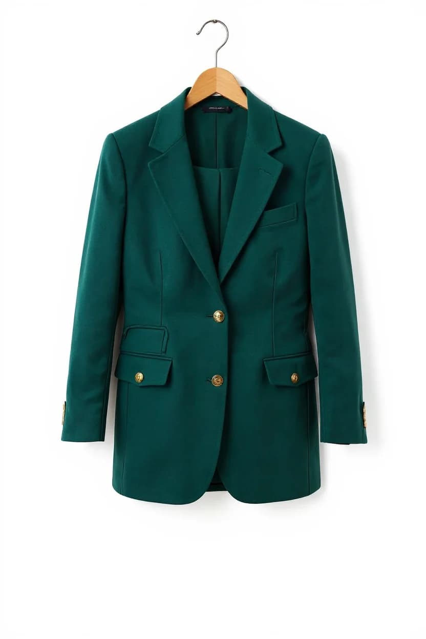 A professional photograph of a dark emerald green blazer hanging on a wooden hanger against a pure white background. The blazer features a classic double-breasted design with two brass-colored buttons. The lapels are wide and pointed, and there are two front flap pockets with small brass pocket squares. The sleeves have brass-colored button cuffs. The blazer is made of a structured, wool-like fabric with a subtle sheen. The shoulders are well-defined and the jacket has a tailored fit through the body. The wooden hanger has a natural finish and a curved hook at the top. The image is well-lit with soft, even lighting that highlights the rich green color and metallic hardware of the blazer.