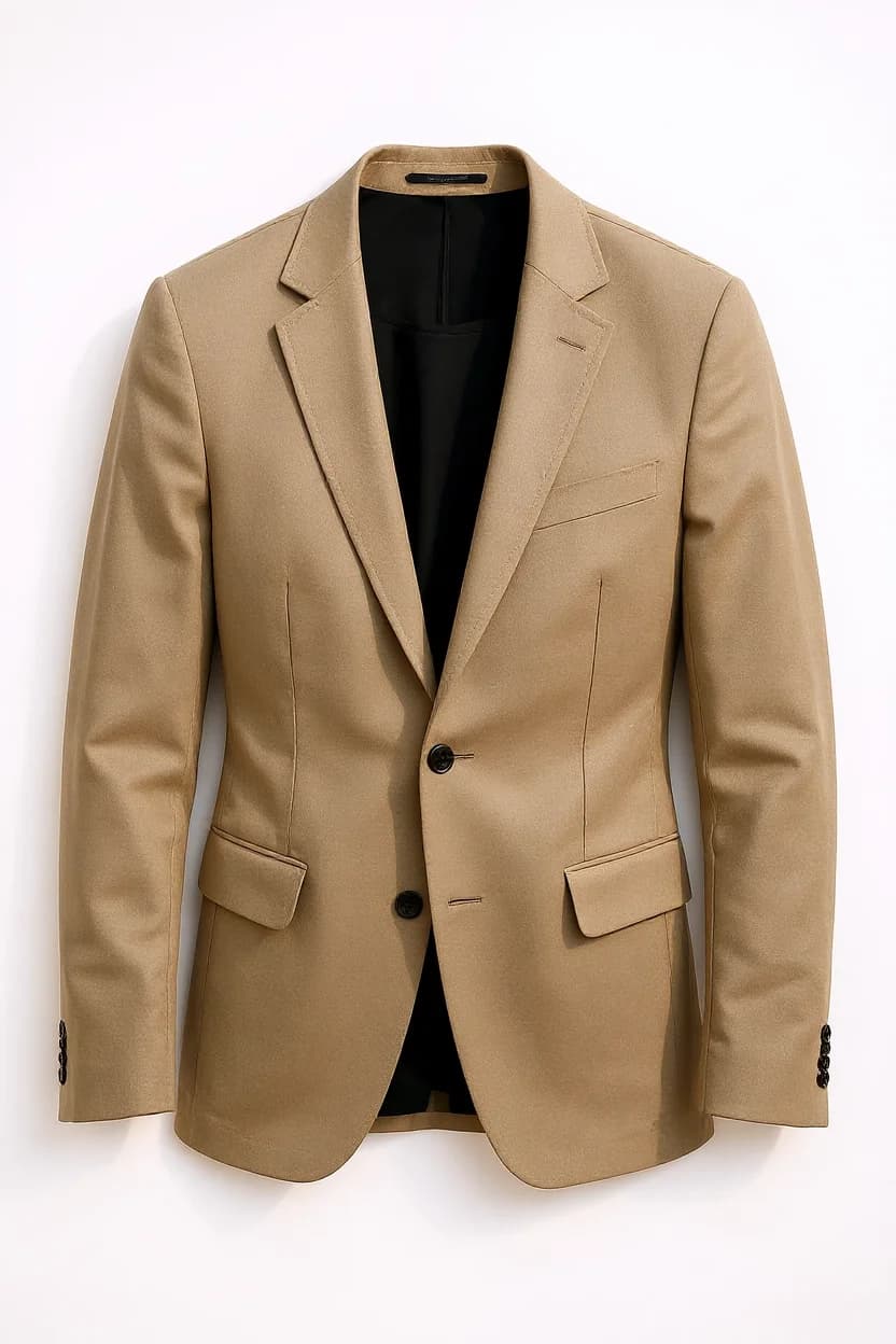 A professional photograph of a tan-colored men's blazer laid flat against a white background. The blazer has a classic two-button design with black buttons, notched lapels, and a single breast pocket. The jacket features clean lines with darting across the front for a tailored fit. The interior lining is black, visible at the collar and under the sleeves. The blazer has standard side pockets with flaps and is made from a structured cotton or wool blend fabric. The shoulders are well-defined and the sleeves are full length with buttoned cuffs. The image is shot from directly above in clear, even lighting that highlights the natural texture of the fabric. The blazer is perfectly centered in the frame with no wrinkles or distortions.
