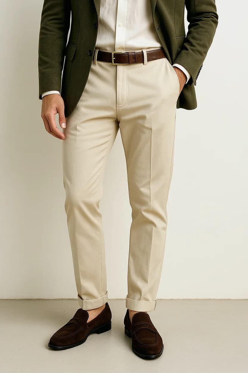 A fashion photography shot of a person's lower body wearing a formal business casual outfit. The subject wears a dark olive green blazer, crisp white dress shirt, cream-colored dress pants with rolled-up cuffs, and a brown leather belt. The pants are tailored with a straight-leg cut and show a slight taper towards the ankles. The shoes are dark brown suede penny loafers with a classic design. The image is cropped to show only from the waist down, with the subject standing against a plain off-white background. The lighting is soft and even, creating subtle shadows that emphasize the tailored fit of the clothing. The composition is centered and professional, typical of men's fashion catalog photography.