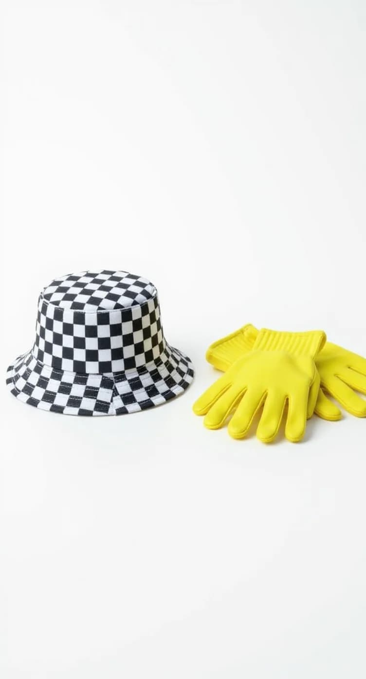 A product photography shot of a black and white checkered bucket hat and a pair of bright yellow rubber gloves against a pure white background. The bucket hat has a classic fisherman-style design with a wide brim and is made of a cotton-like material. The checkered pattern consists of evenly spaced squares, alternating between black and white. The gloves are made of a smooth rubber material and are positioned to the right of the hat. The gloves are folded or bunched slightly, showing their three-dimensional form. The image is shot from directly above in a clean, minimalist style with soft, even lighting that casts no harsh shadows. The composition is centered and balanced, with the hat taking up approximately two-thirds of the frame width and the gloves occupying one-third of the frame width.