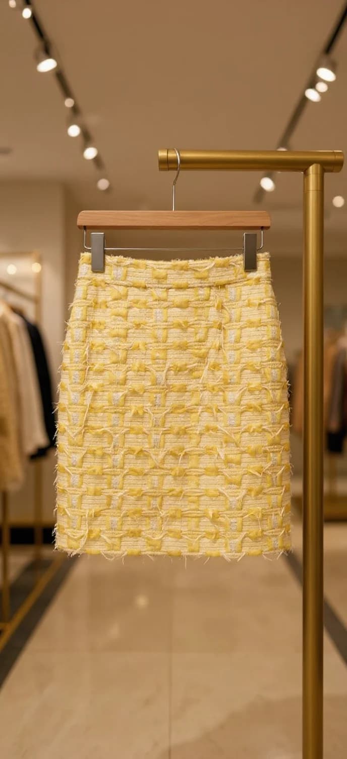 The product is a high-waisted, knee-length skirt. It features a textured, woven pattern with a mix of yellow and white threads. The material appears to be a chunky, boucle-like fabric, giving it a slightly fuzzy and tactile surface. The skirt has a straight silhouette and a frayed hemline, adding a casual, slightly edgy touch to its elegant style.. A high-end retail clothing display featuring a yellow tweed mini skirt hanging on a gold metal clothing rack. The skirt has a textured, woven pattern with cream and pale yellow threads creating a basket-weave effect. The skirt is suspended from a wooden hanger with metal clips. The background shows a retail store interior with track lighting on the ceiling, creating warm illumination. The floor is polished and reflective, with a beige tile pattern. In the far background, there are blurred clothing racks with garments visible but out of focus. The overall image has a warm, neutral color palette dominated by beige and gold tones, with professional retail lighting creating subtle shadows and highlights on the skirt's textured surface.