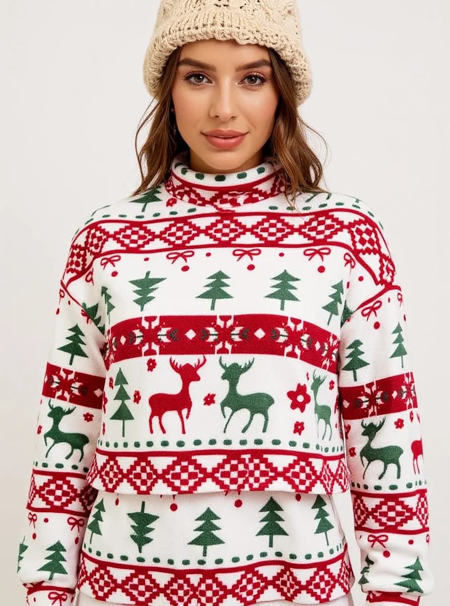 A product photography shot of a festive Christmas sweater worn by a woman against a plain white background. The sweater features a traditional Nordic pattern design in red, white, and green colors. The pattern includes repeating deer silhouettes in green and red, evergreen Christmas trees in green, snowflakes, and geometric diamond patterns. The sweater has a mock turtleneck design with a cream-colored knit beanie. The pattern consists of horizontal bands across the sweater, with the deer and tree motifs arranged in a horizontal line in the middle section. The sweater is photographed from the shoulders up, showing the full pattern design. The lighting is bright and even, creating a clean, commercial product photography look. The sweater is made of a knitted material with a soft, textured finish.