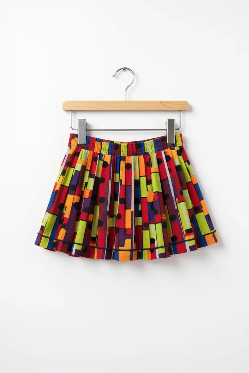 A colorful children's pleated skirt hanging on a wooden clothes hanger against a plain white background. The skirt features a vibrant geometric pattern with vertical stripes in red, orange, lime green, purple, and black. The pattern consists of irregular rectangular shapes stacked vertically, creating a modern, abstract design. The skirt has an elastic waistband and falls in gathered pleats to create a flared, A-line silhouette. The fabric is lightweight and flowing, with the pleats clearly visible throughout the garment. The wooden hanger has a silver metal hook and clips on the sides. The skirt is photographed straight-on, centered in the frame, with the pattern showing a mix of solid colors and dotted accents within the geometric design.