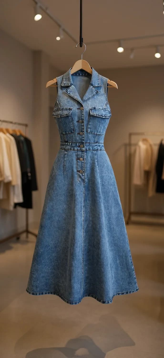 A denim dress hanging on a wooden hanger in a retail clothing store. The dress features a sleeveless design with a collar, button-down front placket, and a fitted waist that flows into a full A-line skirt. The denim has a medium-blue wash with subtle fading and whiskering details. The dress is photographed against a blurred retail background with track lighting on the ceiling casting warm spotlights. In the background, there are clothing racks with other garments visible but out of focus. The floor is light-colored concrete, and the overall image has a warm, professional retail lighting atmosphere. The dress is suspended in mid-air, creating a floating effect with its shadow visible on the floor beneath it.