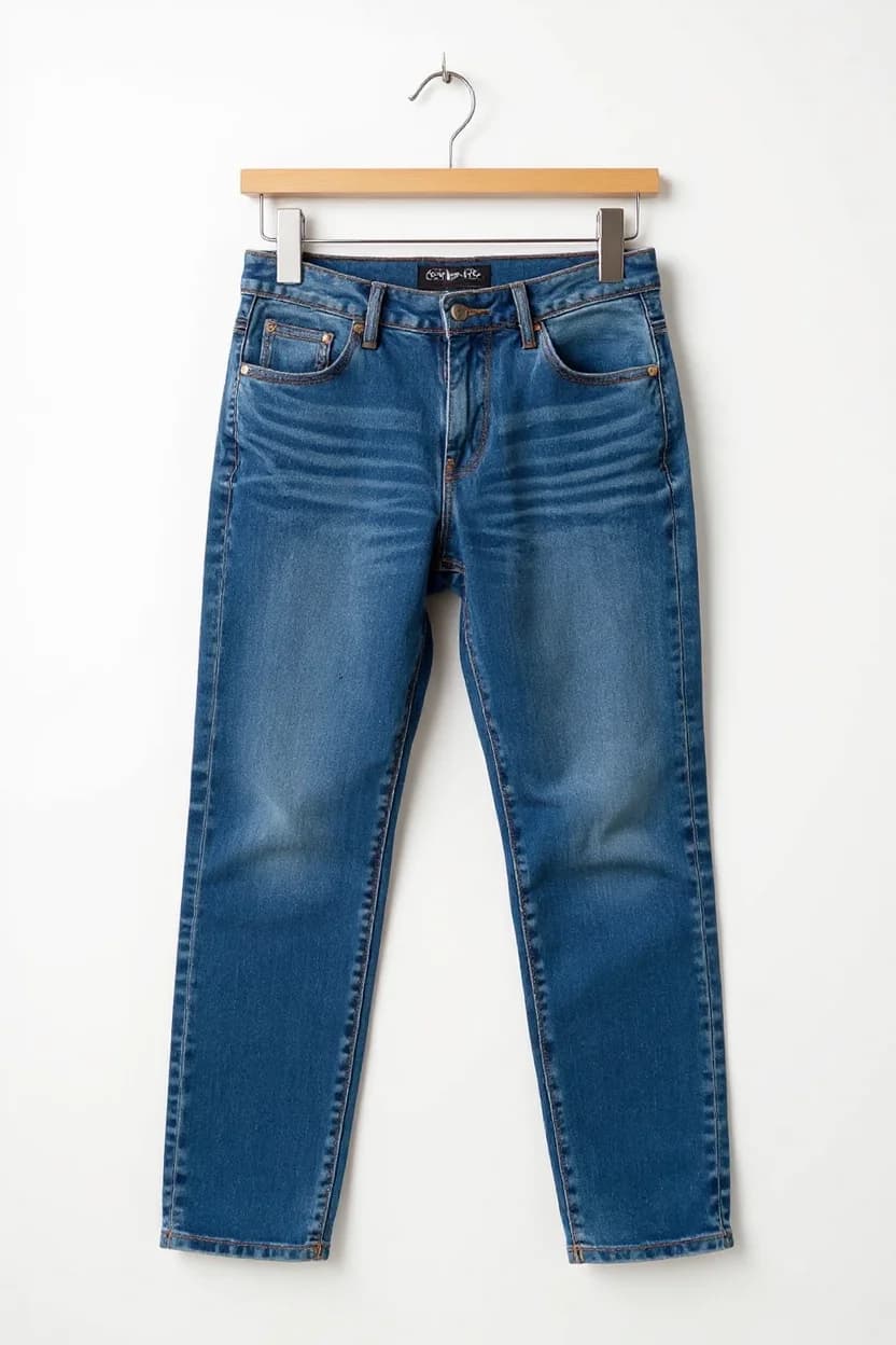 A product photo of a pair of medium-wash blue denim jeans hanging on a wooden hanger against a plain white background. The jeans are straight-leg style with subtle whiskering and fading on the thighs. The jeans feature traditional five-pocket styling, metal button closure, and visible rivets at the pocket corners. The denim has a classic medium-blue color with darker tonal distressing and wear patterns. The jeans are suspended from a simple wooden clothes hanger with metal hooks. The image is shot straight-on with the jeans laying flat against the white backdrop. The lighting is even and soft, creating subtle shadows beneath the jeans. The jeans are cropped to show from waist to mid-calf length.
