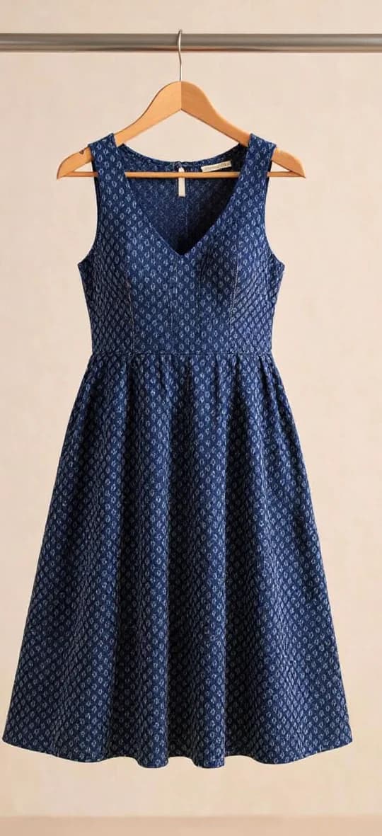 A sleeveless navy blue dress with a small white floral pattern throughout the fabric, hanging on a wooden hanger against a beige wall. The dress features a V-neckline, fitted bodice, and a full A-line skirt that falls to mid-thigh length. The dress has a structured waistline with gathering at the bottom, creating a feminine silhouette. The fabric has a textured, woven pattern with a subtle diamond-like design. The wooden hanger is a standard light brown color with a metal hook at the top. The dress is photographed straight-on, centered in the frame, with the entire garment visible from neckline to hem. The lighting is even and natural, highlighting the dress's deep blue color and detailed pattern.