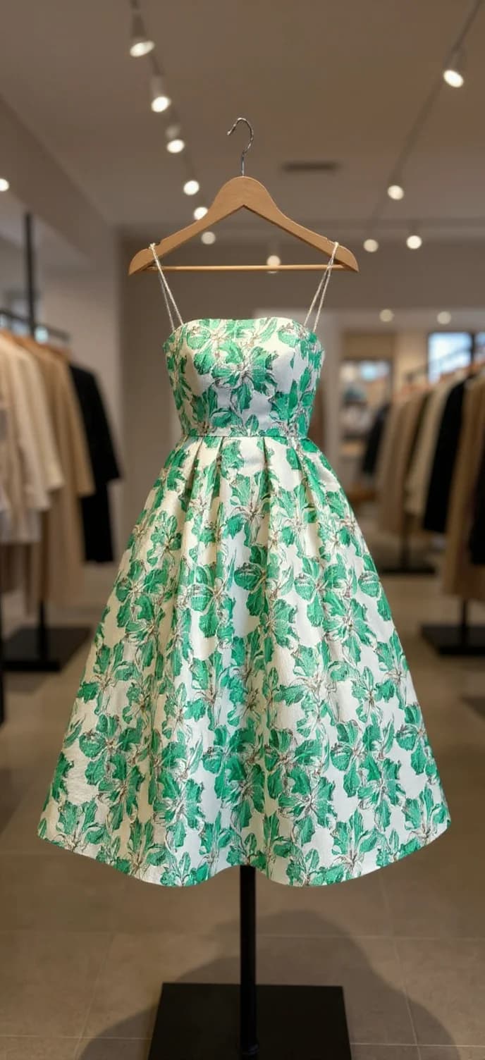 A vintage-style 1950s dress hanging on a wooden hanger in a retail clothing store. The dress features a full A-line skirt in white and emerald green floral print with large leaf patterns. The bodice is strapless with a fitted waist and a full skirt that extends to knee length. The dress is displayed on a black metal mannequin stand against a blurred retail background with track lighting. The store interior has beige walls and multiple clothing racks visible in the soft-focused background. The lighting creates subtle shadows beneath the dress on the black display stand. The floral pattern consists of repeating emerald green leaves and stems against a white background, creating a classic spring or summer print. The dress is made from a structured fabric with a slight sheen, suitable for formal occasions.