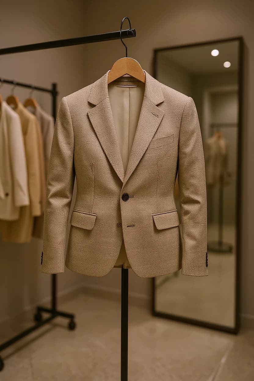 A professional photograph of a beige wool blazer hanging on a black metal clothing rack in a retail store. The blazer features a single button closure, notched lapels, and two front flap pockets. The fabric has a subtle textured pattern and is well-pressed with clean lines. The blazer is displayed on a wooden hanger with a black metal hook. In the background, there is a large floor-length mirror with a dark frame, partially visible on the right side of the image. A clothing rack with other garments is visible on the left side, slightly out of focus. The lighting is warm and professional, creating soft shadows and highlighting the natural texture of the blazer's fabric. The image has a shallow depth of field, with the blazer in sharp focus while the background elements are slightly blurred.