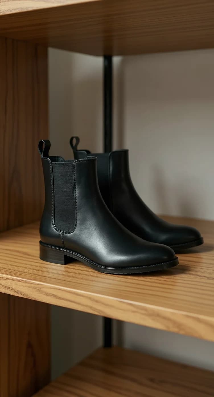 A product photography shot of a pair of black leather Chelsea boots placed on a wooden shelf. The boots are positioned at a slight angle, with the right boot slightly behind the left. The boots feature elastic side panels, pull tabs at the heel, and a low heel. The leather has a smooth, polished finish and is perfectly crease-free. The wooden shelf is made of light-colored oak with visible wood grain patterns running horizontally. The shelf is part of a wooden cabinet with visible joinery. The background is neutral and slightly blurred, creating depth of field. The lighting is soft and even, highlighting the smooth texture of the leather boots. The image has a professional, minimalist aesthetic with warm tones from the wooden elements contrasting with the sleek black leather of the boots.