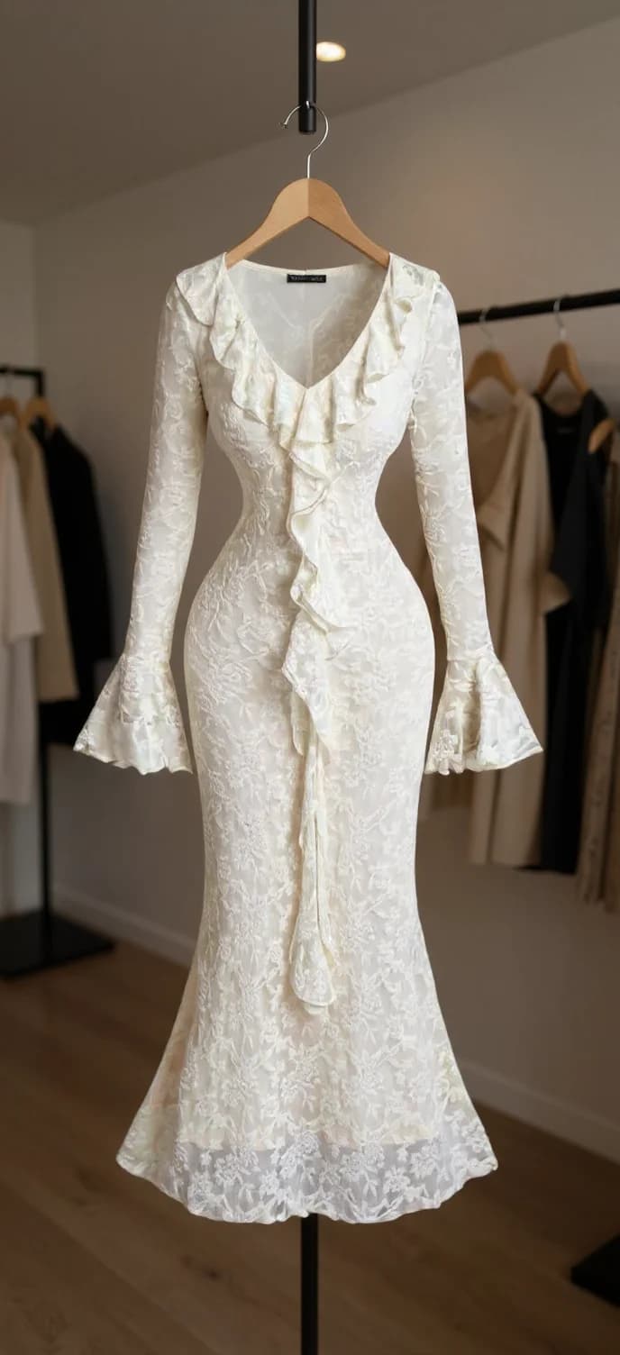 A white lace cocktail dress hanging on a wooden hanger against a blurred retail clothing background. The dress features a fitted bodice with a V-neckline and a dramatic ruffle detail that flows down the front. The long sleeves are bell-shaped with ruffled cuffs. The dress has a fitted waist and flares out into a mermaid-style skirt that reaches knee length. The lace pattern is intricate and floral throughout the entire garment. The dress is photographed in a retail setting with other clothing items visible but out of focus in the background. The flooring is hardwood, and there is a ceiling light fixture partially visible in the upper portion of the image. The lighting is warm and creates subtle shadows that highlight the texture of the lace fabric.