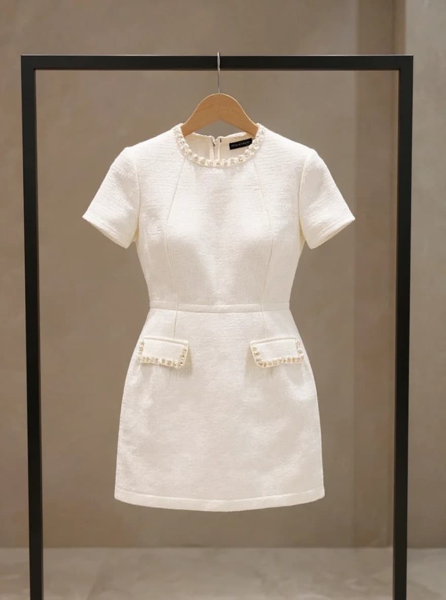 A white short-sleeved dress hanging on a wooden hanger against a black metal clothing rack frame. The dress features a textured tweed-like fabric with a round neckline trimmed with small pearl-like embellishments. The dress has a fitted waist and falls to mid-thigh length. Two decorative front pockets are adorned with the same pearl-like embellishments as the neckline. The dress has a clean, structured silhouette with princess seams running from the neckline to the waist. The background is a neutral beige wall. The wooden hanger has a natural finish and a metal hook at the top. The dress is photographed straight-on, centered within the black metal frame of the clothing rack.