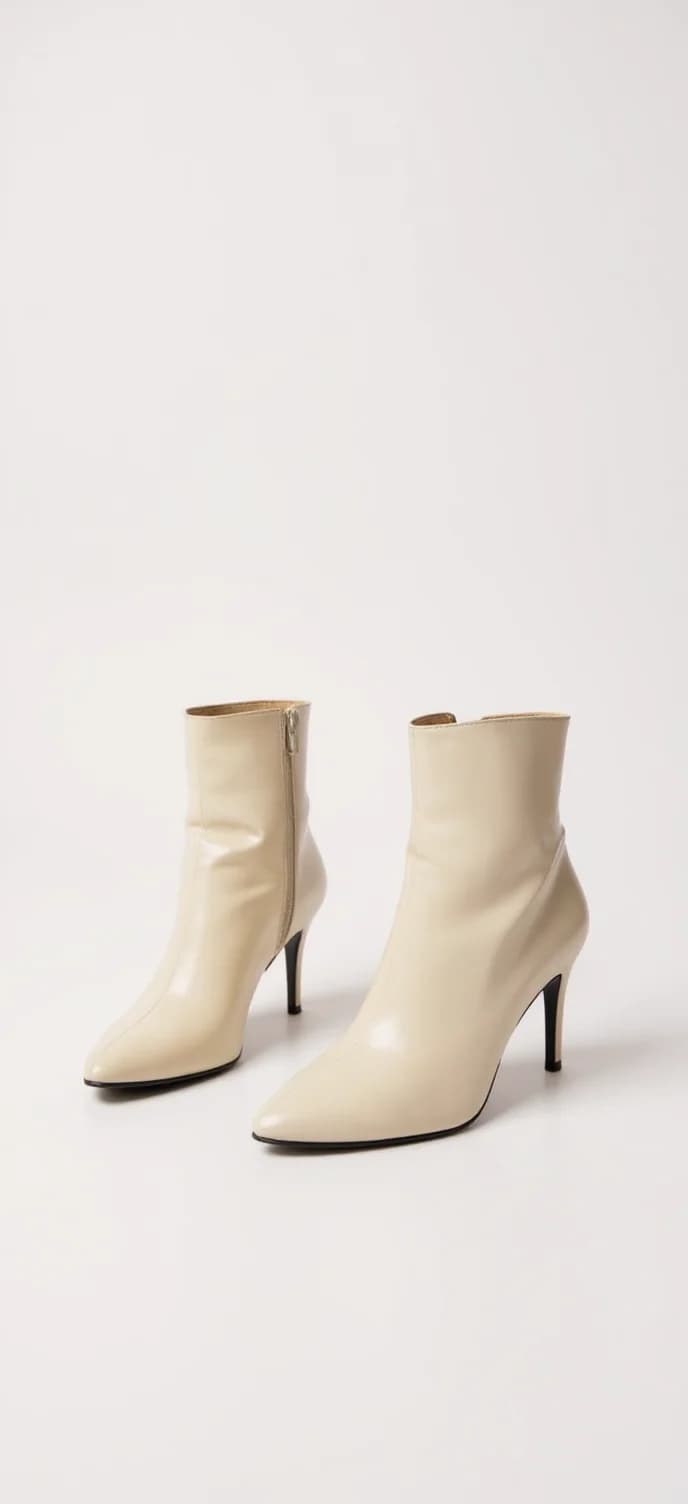 A product photo of cream-colored leather ankle boots with a pointed toe and stiletto heel on a pure white background. The boots have a sleek, minimalist design with a side zipper closure. The heel is 2.5 inches tall and slim. The leather has a smooth, matte finish and shows natural folds and creases from being new. The boots are positioned at a slight angle, with one boot slightly behind the other, both facing towards the right side of the frame. The lighting is soft and even, creating subtle shadows beneath the boots. The image has a clean, professional studio quality with sharp focus and high contrast against the stark white backdrop.