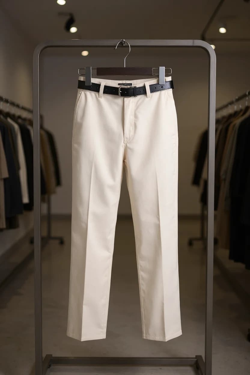 A product photography shot of white dress pants hanging on a gray metal clothing rack in a retail store. The pants are displayed with a black leather belt and are pressed with clean, straight creases running down the legs. The pants are cropped at ankle length. The background shows clothing racks with dark-colored garments on both sides, slightly out of focus. The store has recessed lighting in the ceiling, creating soft illumination on the pants. The image has a professional, minimalist aesthetic with neutral tones throughout. The pants are positioned in the center of the frame, with the entire garment in view from waist to ankle.