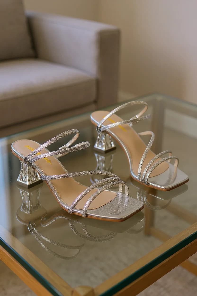 A pair of elegant silver strappy sandals photographed on a glass coffee table. The shoes feature a metallic glittery texture with thin straps across the front and ankle straps. The heels are distinctive with a clear glass-like design that has a geometric, architectural shape. The shoes are positioned on a clear glass surface that creates a mirror-like reflection beneath them. In the background, there is a beige upholstered armchair that is slightly out of focus. The image has a warm, neutral color palette with soft lighting that highlights the sparkle of the shoes. The composition is centered with the shoes taking up the middle portion of the frame, while the chair and background are visible but blurred.
