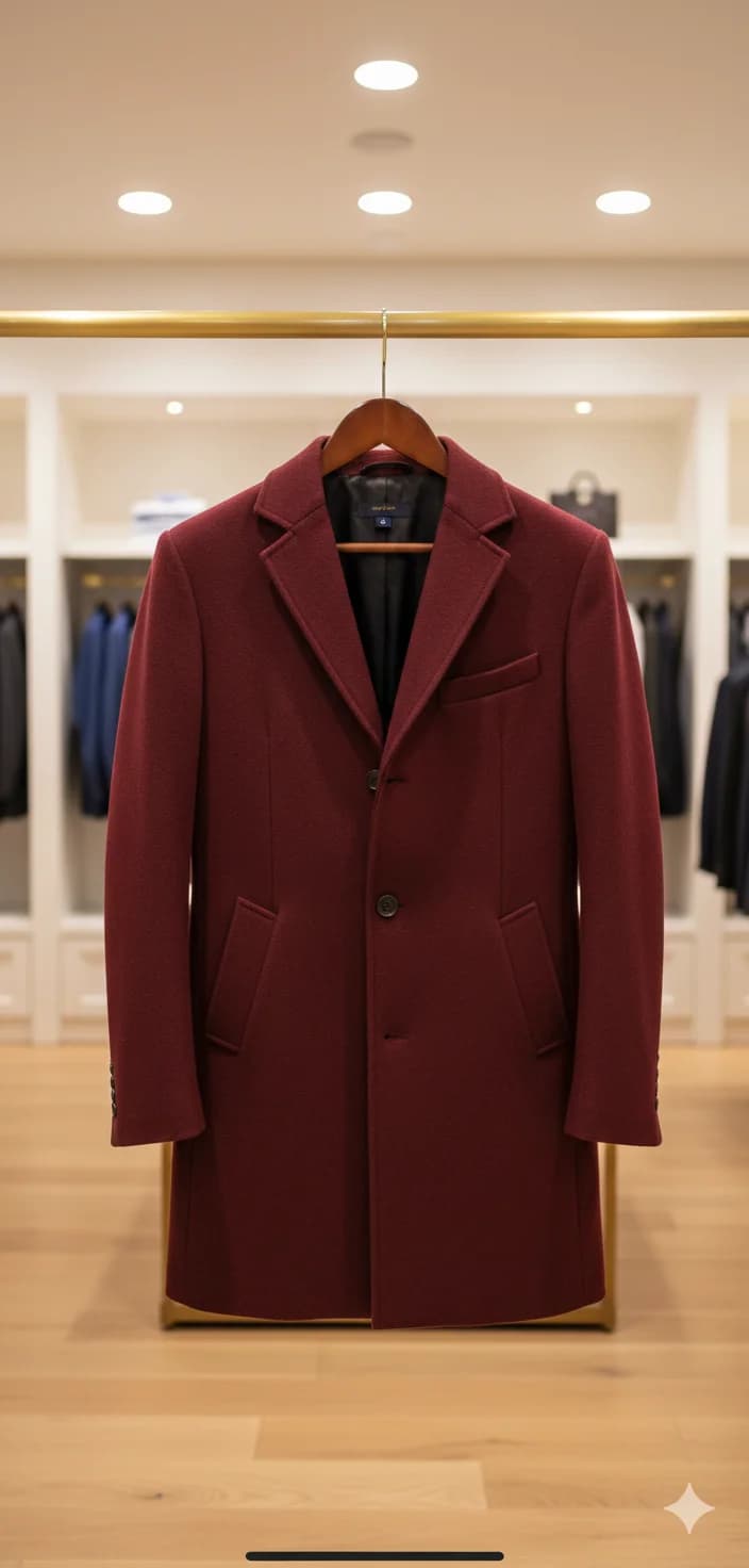 A high-end men's burgundy wool overcoat hanging on a wooden hanger in a retail clothing store. The coat features a classic two-button front closure, notched lapels, and two front patch pockets. The coat is displayed on a wooden mannequin stand against a light wooden floor. The background shows a retail store interior with recessed circular LED lighting in the ceiling creating a warm ambient glow. The store's walls are painted in a neutral cream color, and there are blurred clothing racks visible in the background containing blue and black garments. The coat's fabric has a fine wool texture and rich burgundy color. The image is shot from a straight-on perspective with professional retail lighting that highlights the garment's details and craftsmanship.