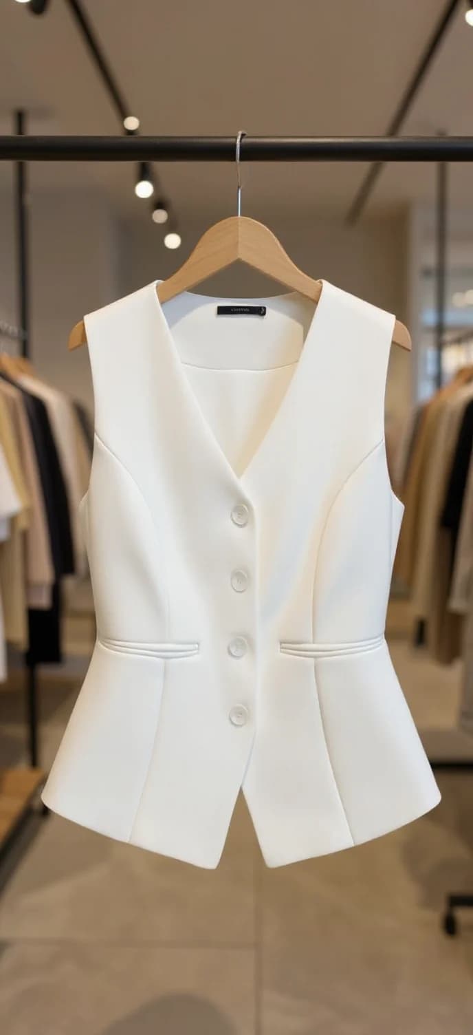 A professional photograph of a white tailored vest hanging on a wooden hanger in a retail clothing store. The vest features a structured design with a V-neckline, four white buttons down the front, and a peplum-style waist with subtle gathering. The vest is made of a crisp white fabric with a matte finish. The wooden hanger has a natural finish and curved shoulders. The background shows a retail clothing display with other garments visible but out of focus. The store has track lighting with small white spotlights mounted on the ceiling, creating soft illumination. The floor is light-colored tile. The image is shot from a straight-on perspective with the vest centered in the frame.