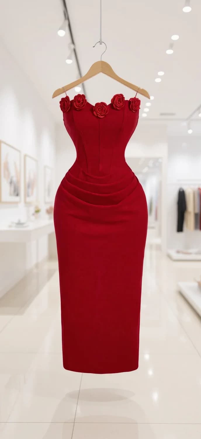 A floating red cocktail dress suspended in a bright retail store setting. The dress is strapless with a fitted bodice and a form-fitting pencil skirt that extends to mid-calf length. The neckline features four decorative red roses attached to the upper edge. The dress is made of a smooth, matte fabric with a sheen. The dress is displayed on a wooden hanger against a white tiled floor and white walls. The background shows a retail store interior with recessed lighting in the ceiling creating a soft, even illumination. The store has white display cases and clothing racks partially visible in the background. The image has a clean, minimalist aesthetic with the dress as the central focus. The lighting creates subtle shadows beneath the dress on the white floor tiles.