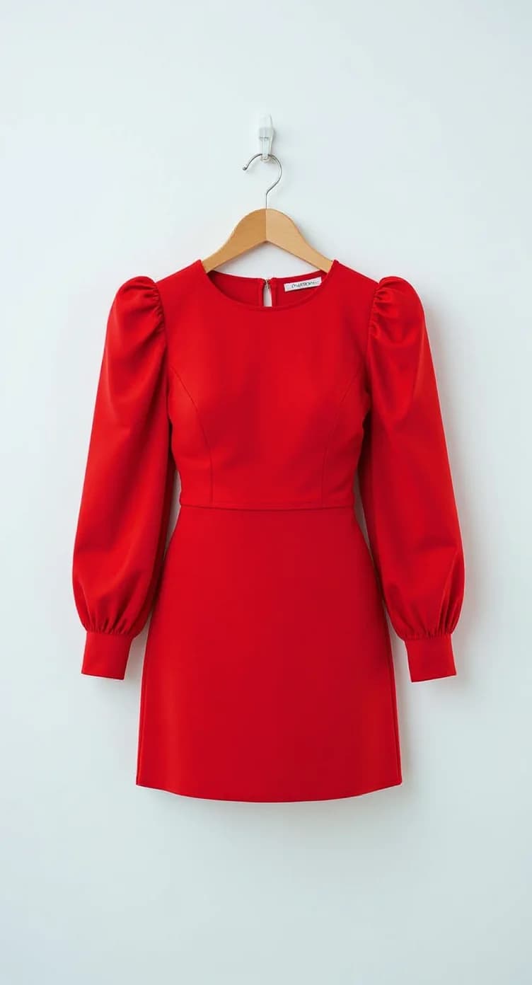 A bright red mini dress hanging on a wooden hanger against a plain white background. The dress features dramatic balloon sleeves with gathered fabric at the shoulders, creating voluminous puff sleeves that taper at the wrists. The bodice is fitted with a round neckline and a small keyhole opening at the back of the neckline. The dress has a straight, above-the-knee hemline with clean lines and no visible patterns or textures. The fabric is a solid red material with a slight sheen. The dress is photographed straight-on, centered in the frame, with the wooden hanger's natural brown color visible against the white background.