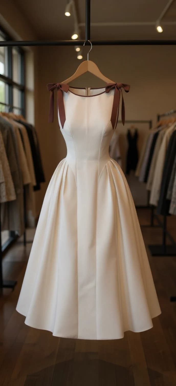 A vintage-style white wedding dress hanging on a wooden hanger with brown leather straps in a retail clothing store. The dress features a fitted bodice with a sweetheart neckline and a full A-line skirt that extends to knee length. The skirt has structured pleating and a clean, classic silhouette. The dress is made from a crisp white cotton material. The hanger is suspended from a black metal clothing rod. In the background, there are blurred clothing racks with dark-colored garments visible. The store has warm lighting from recessed ceiling lights creating a soft, professional retail atmosphere. The floor is dark hardwood, and the walls are painted in a neutral tone. The image is shot from a low angle, capturing the full length of the dress against the retail store setting.