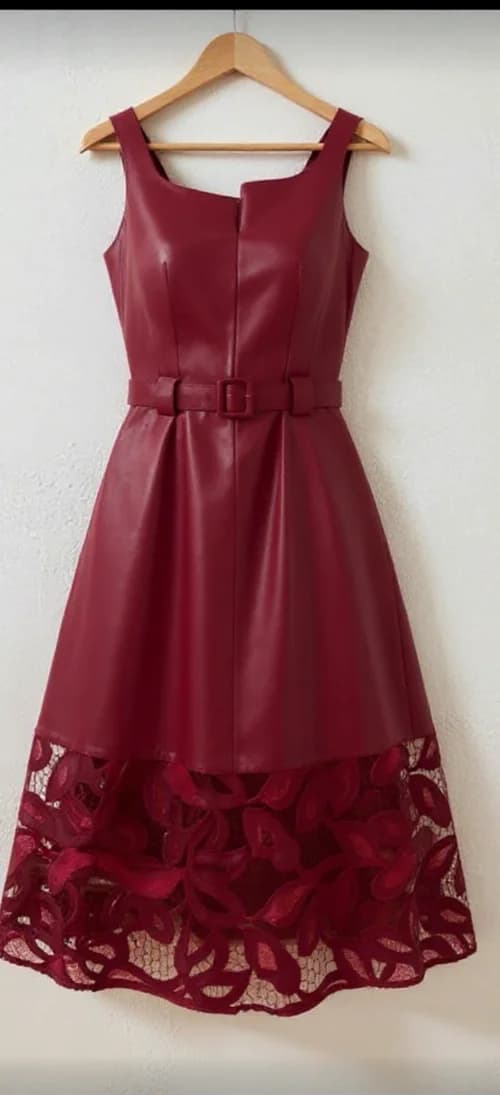 A burgundy cocktail dress hanging on a wooden hanger against a plain white wall. The dress features a fitted bodice with a square neckline and sleeveless design, transitioning into a full A-line skirt with a dramatic lace overlay at the hem. The lace panel extends from mid-thigh to the bottom of the dress, creating an intricate floral pattern in a darker burgundy shade. The dress has a structured waistline with a matching burgundy belt that cinches at the natural waist. The fabric is a smooth, leather-like material for the main body of the dress. The dress is photographed straight-on, centered in the frame, with natural lighting casting subtle shadows on the white wall behind it. The wooden hanger has a natural finish and curved shoulders to support the dress's structure.