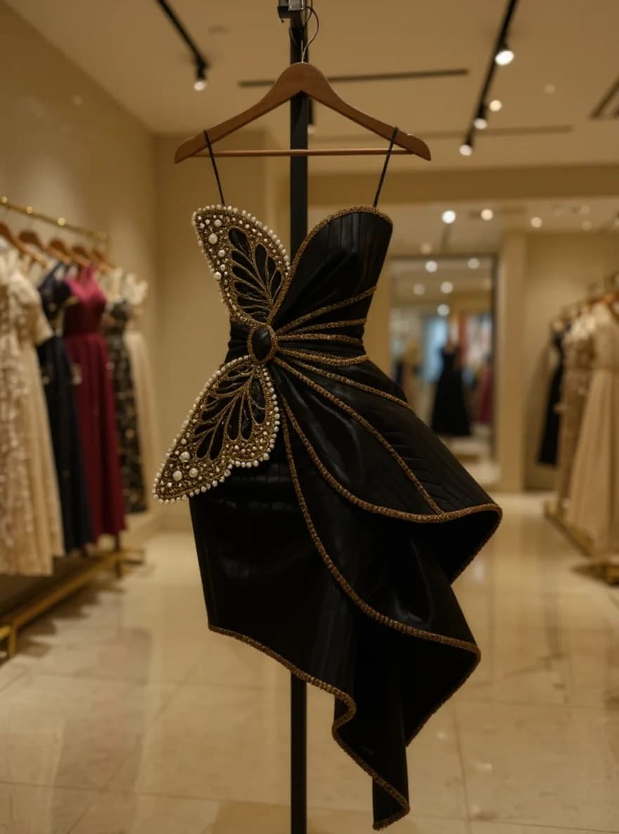 A high-end boutique interior photograph featuring a dramatic black cocktail dress hanging on a wooden hanger in the foreground. The dress has a structured bodice with a large ornate butterfly embellishment made of gold and silver beads and crystals. The butterfly decoration has intricate wing patterns and is positioned on the upper back of the dress. The dress features an asymmetrical hemline with dramatic pleating and draping that creates flowing waves from the bodice to the floor. The dress is made of luxurious black fabric with metallic gold trim along the edges. The background shows a retail clothing store with beige walls and track lighting on the ceiling. Multiple clothing racks with other formal dresses are visible in the background, including dresses in burgundy and cream colors. The store has a warm, golden lighting atmosphere and polished marble flooring. The image is shot with a shallow depth of field, creating a soft blur effect in the background while keeping the featured dress in sharp focus.
