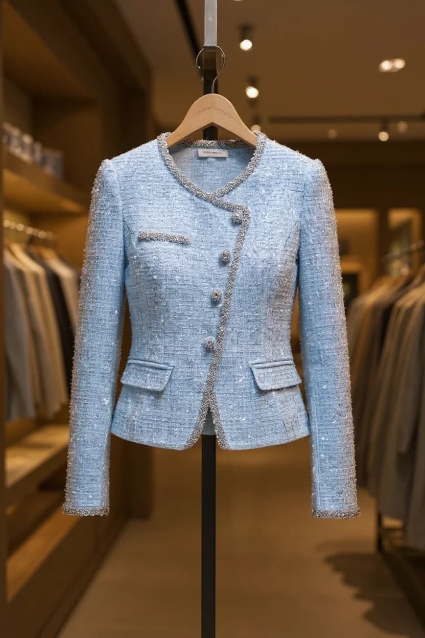 A high-end light blue tweed blazer hanging on a wooden hanger in a retail clothing store. The blazer features a textured tweed fabric with a subtle sparkle effect throughout. It has a distinctive asymmetrical front closure with four silver-toned buttons, a V-neck collar trimmed with silver threading, and a peplum-style waist. The jacket has two front flap pockets, one on each side, and long sleeves. The blazer is displayed on a black clothing rod against a blurred retail background with warm lighting from recessed ceiling lights. The store interior features wooden shelving visible in the soft-focused background, and other garments can be seen hanging on racks. The blazer is photographed from a straight-on angle, showing its complete front view.