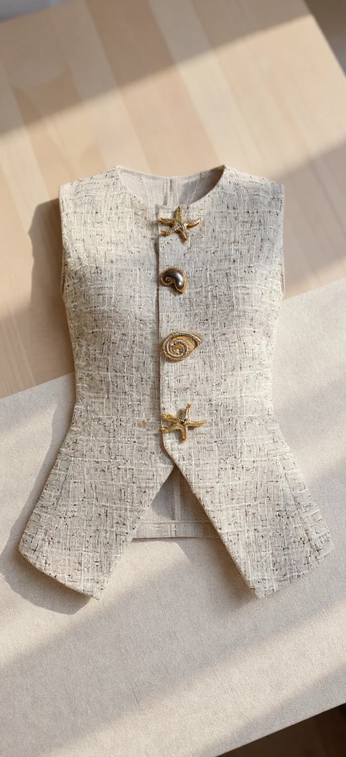 A high-quality product photograph of a cream-colored tweed waistcoat lying flat on a light beige surface. The waistcoat features a distinctive four-button closure with decorative gold-toned star-shaped buttons. The fabric has a textured tweed pattern with small flecks and variations in the cream color. The garment has a peplum-style waist and is sleeveless. The lighting creates soft shadows on the left side of the waistcoat, casting a natural diagonal shadow across the surface. The image is shot from directly above in natural lighting, creating subtle highlights on the textured fabric. The background is minimal and clean, focusing attention on the garment itself.