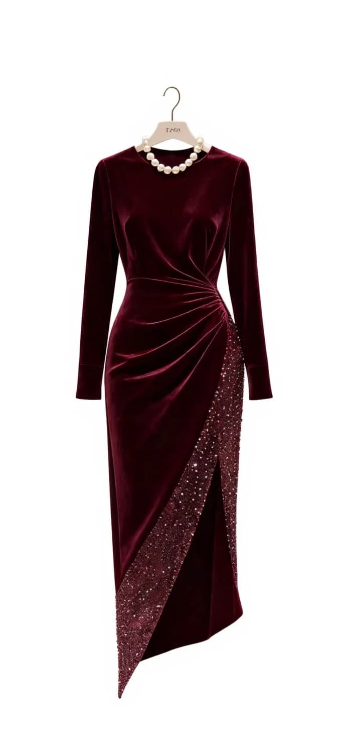 A luxurious burgundy velvet dress with long sleeves displayed on a wooden hanger with a pearl necklace draped around it. The dress features a form-fitting silhouette with dramatic diagonal ruching across the torso. The bottom half of the dress transitions into a shimmering sequined panel that creates an asymmetrical hemline, with the sequins catching light and creating a sparkly effect. The sequined portion extends from the mid-thigh to the ankle. The dress is photographed against a pure white background, creating a high-fashion product shot aesthetic. The velvet material has a rich, deep burgundy color with a subtle sheen that highlights the texture of the fabric. The wooden hanger is simple and elegant, with a natural wood finish.