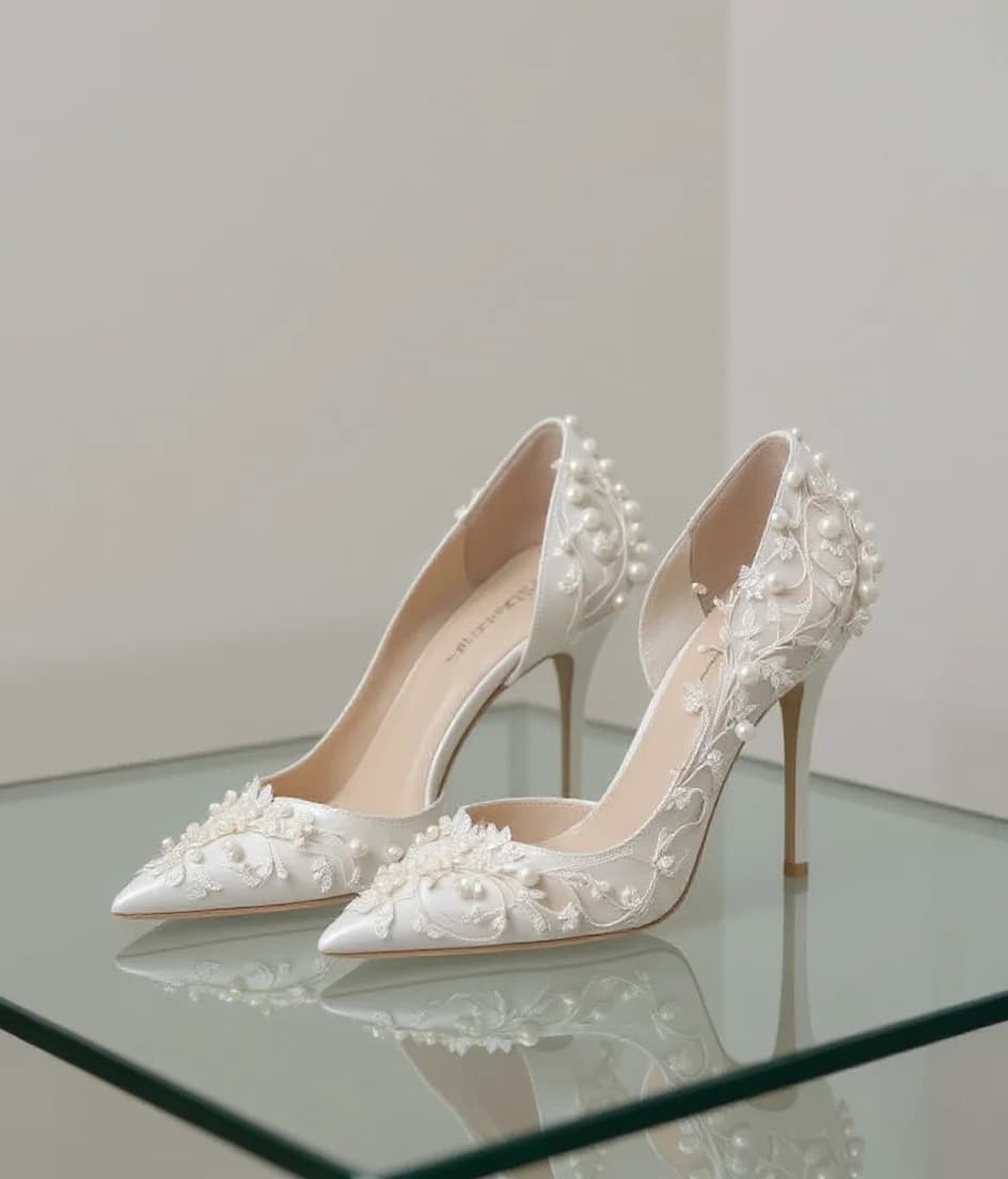 A pair of elegant white wedding shoes photographed on a reflective glass surface against a light gray background. The shoes are high-heeled stilettos with a pointed toe design. The shoes feature intricate white lace appliques and pearl embellishments scattered across the front and sides. The lace pattern creates an ornate floral design with delicate swirls and curves. The shoes have a classic d'Orsay cut with a high vamp and are made of white satin material. The stiletto heel is 3 inches tall. The shoes cast a subtle reflection on the glossy glass surface below them. The lighting is soft and even, creating a clean, professional studio-like atmosphere. The image is cropped to show just the shoes and a portion of the glass surface they rest on.