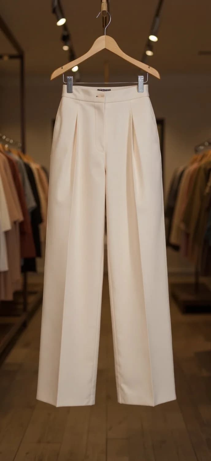 A high-quality product photograph of cream-colored wide-leg cropped pants hanging on a wooden hanger in a retail clothing store. The pants feature prominent pleats running down the front and end at ankle length. The hanger is a natural wood color with metal clips on the ends. The background shows blurred clothing racks with various garments in muted colors including beige, brown, and dark tones. Track lighting on the ceiling creates warm spotlights that illuminate the pants. The pants are made of a smooth, crisp fabric with a slight sheen. The image is shot from a straight-on perspective with the pants centered in the frame. The wooden floor beneath the hanger is visible and has a light brown finish.