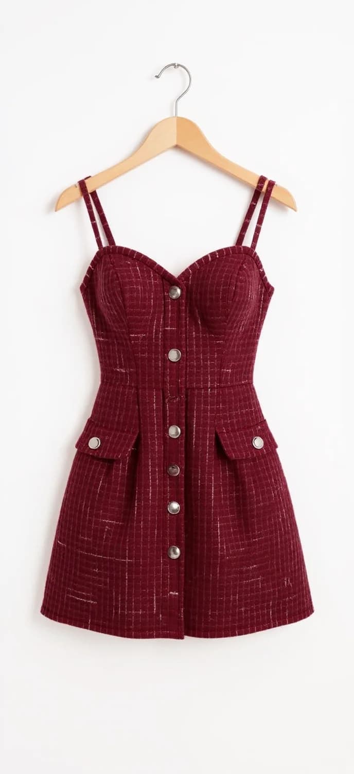 A burgundy mini dress with a textured tweed pattern hanging on a wooden hanger against a white background. The dress features a sweetheart neckline, double-breasted front with large silver-toned buttons down the center, and thin double straps. The bodice has a corset-style silhouette with structured panels. Two front-facing pockets with silver-toned snap buttons are positioned at hip level. The skirt portion is fitted and ends above the knee. The dress has a subtle sheen in the fabric, creating a dimensional effect in the burgundy tweed pattern. The wooden hanger is a standard light brown color with a metal hook at the top. The image is shot in a clean, minimalist style with soft, even lighting that highlights the dress's details without harsh shadows.