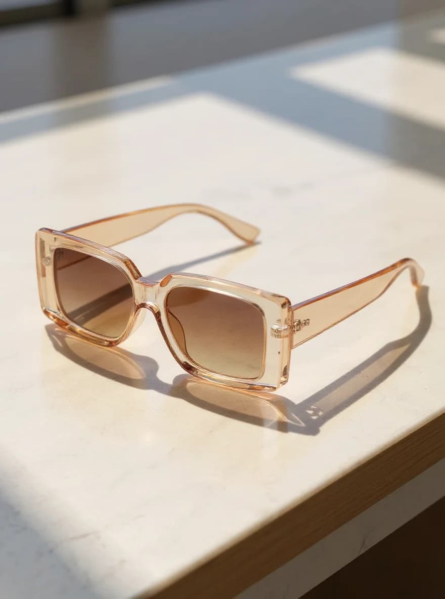A product photograph of rectangular sunglasses on a white marble surface in natural sunlight. The sunglasses have a translucent champagne-colored frame with thick, bold temple arms. The lenses are brown gradient tinted, transitioning from darker at the top to lighter at the bottom. The sunglasses cast a distinct shadow on the white marble surface, creating a dramatic effect. The lighting creates a warm, golden ambiance, with strong directional sunlight coming from above. The image is shot from a slightly elevated angle, with the sunglasses positioned diagonally across the frame. The marble surface has subtle gray veining patterns. The photograph has a high-quality, professional finish with sharp focus on the sunglasses and a soft, slightly blurred background.
