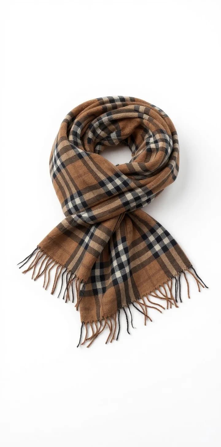 A high-quality product photo of a brown plaid scarf with fringed edges, displayed against a pure white background. The scarf is elegantly draped in a loose spiral pattern, creating soft folds and shadows. The plaid pattern consists of thick brown and black stripes intersecting with thinner beige stripes, creating a classic tartan design. The fringe trim runs along both ends of the scarf, with individual threads hanging 2-3 inches. The fabric is a lightweight wool blend with a soft, matte finish. The scarf is positioned diagonally across the frame, with one end slightly longer than the other. The lighting is even and professional, casting subtle shadows beneath the draped fabric. The image has a clean, commercial product photography style with sharp focus throughout.