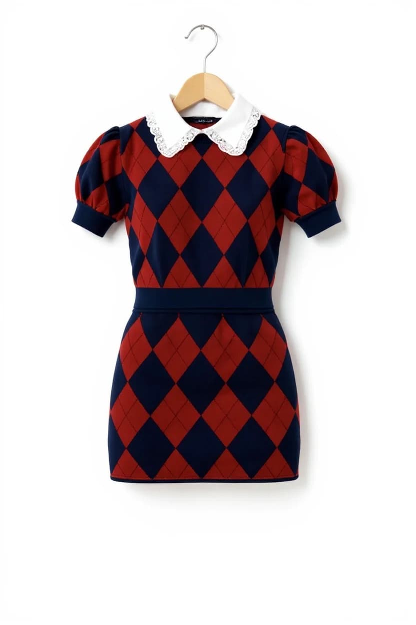 Product photo used for London Holiday Fashion Model in Argyle Dress & Patent Heels