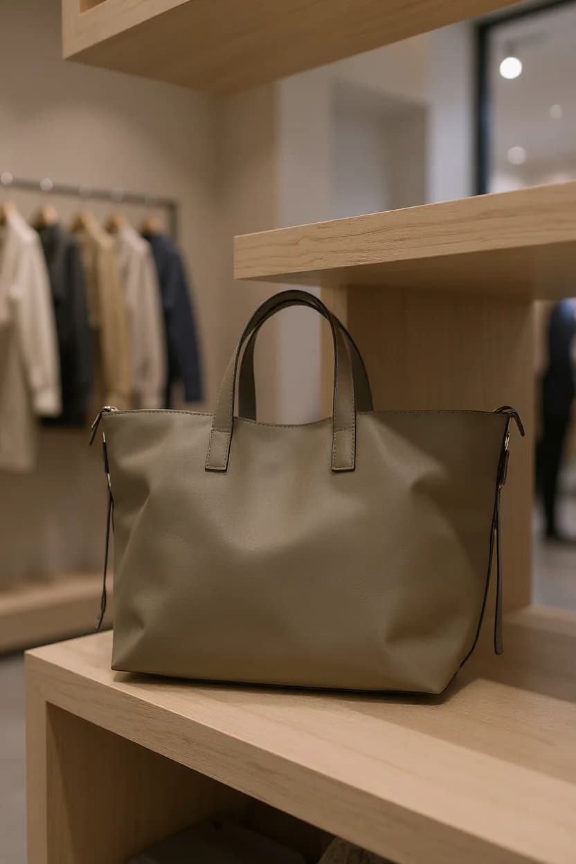 A minimalist retail display photograph of a taupe-colored leather handbag positioned on a light wooden shelf. The handbag has a structured rectangular shape with short handles and subtle side panels. In the background, there are hanging clothes on a wooden rack, slightly out of focus. The setting is a modern retail store with clean lines and warm lighting. The wooden shelving unit has multiple levels, with the handbag placed on the bottom shelf. The lighting is soft and creates subtle shadows beneath the bag. The overall color palette consists of warm beiges, tans, and natural wood tones. The image has a shallow depth of field, with the handbag in sharp focus while the clothing rack recedes into the background.