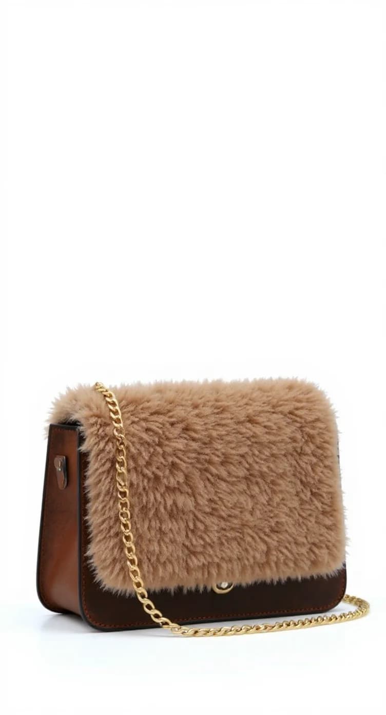 A product photo of a luxury crossbody bag against a pure white background. The bag features a two-tone design with a plush beige fur upper section and dark brown leather lower portion. The fur material has a thick, fluffy texture with a soft, shaggy appearance. A gold-colored chain strap extends from both sides of the bag. The bag has a flap closure with a small metal clasp detail. The leather base has visible stitching and a structured shape. The bag is photographed from a straight-on angle, showing its complete front view. The lighting is bright and even, creating clear definition of the fur texture and leather details. The image has a clean, professional product photography style with no shadows or additional decorative elements.