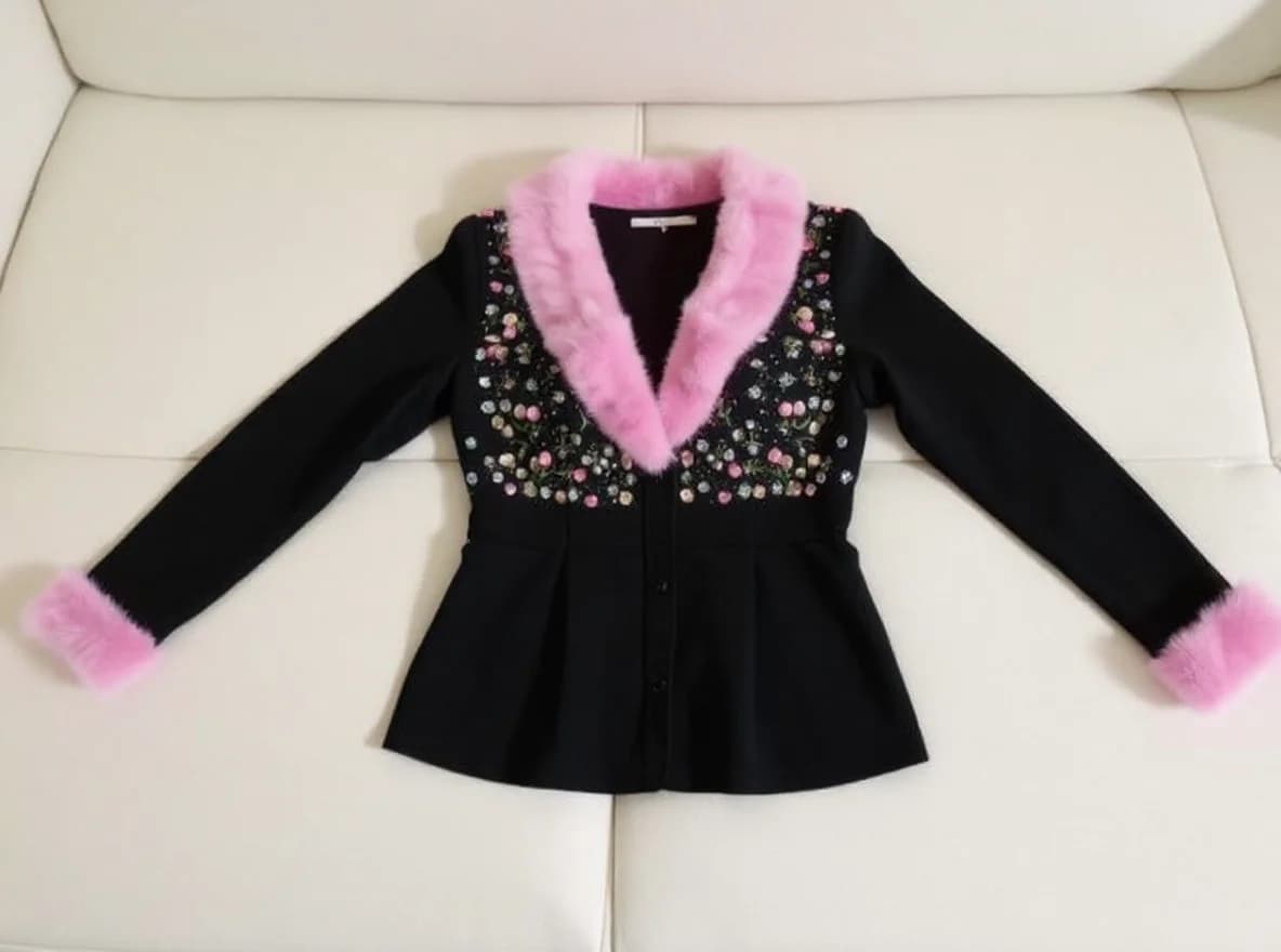 Product photo used for European Fashion Model in Pink Plaid Hat, Embroidered Blazer & Pleated Skirt