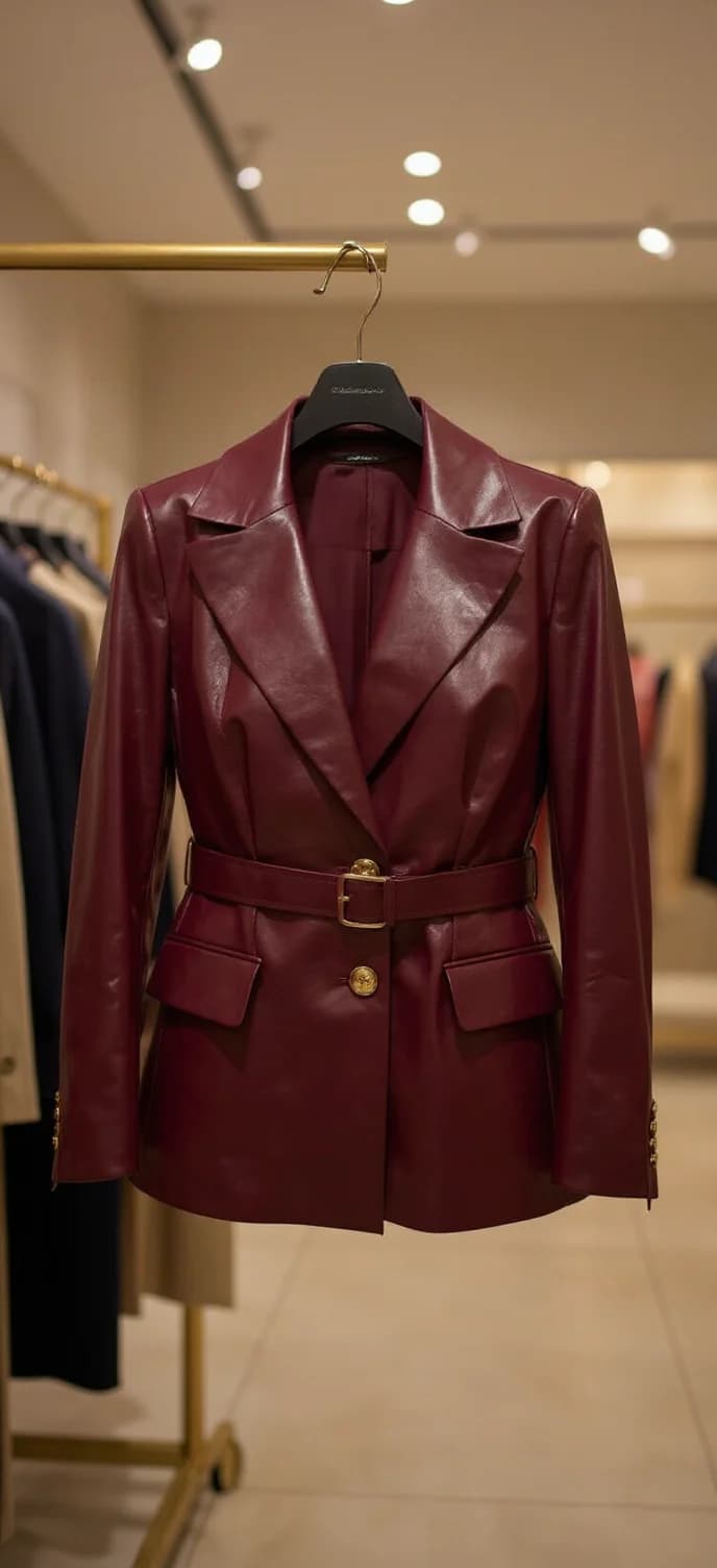 A high-end burgundy leather blazer hanging on a gold metal hanger in a retail clothing store. The blazer features a structured design with notched lapels, a belt with a gold-toned buckle at the waist, and two front flap pockets. The leather has a smooth, polished finish that creates subtle reflections of the overhead lighting. The blazer is displayed against a blurred retail background with warm recessed lighting in the ceiling. The garment is photographed from a straight-on angle, showing its full front view. The blazer's sleeves have gold-toned buttons at the cuffs, and the overall silhouette is tailored and feminine. The image has a warm, professional retail lighting that highlights the rich burgundy color of the leather.