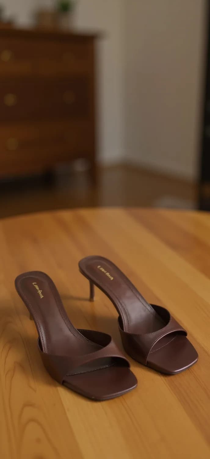 A pair of dark brown leather mules with a low stiletto heel placed on a light wooden table. The shoes have a simple design with a single band across the front and an open back design. The leather has a smooth, matte finish. In the background, slightly out of focus, there is a wooden dresser with brass drawer pulls. The dresser is a rich brown color and has multiple drawers. The image has a warm, natural lighting that highlights the wood grain pattern on the table surface. The composition is centered on the shoes, which are positioned at a slight angle on the wooden table.
