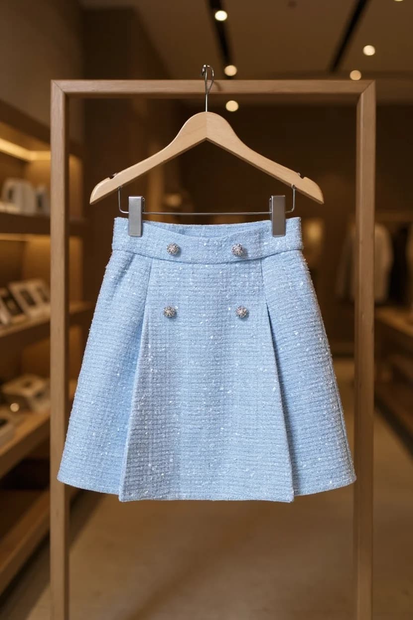A light powder blue tweed skirt hanging on a wooden hanger against a blurred retail store background. The skirt features a pleated A-line silhouette, double-breasted front with four decorative silver buttons, and a high waistband. The fabric has a subtle tweed texture with a shimmer effect. The skirt is suspended from a wooden hanger with metal clips on either side. The background shows a retail store interior with warm lighting from recessed ceiling lights and wooden shelving partially visible. The image has a shallow depth of field, creating a soft, blurred effect in the background while keeping the skirt in sharp focus.