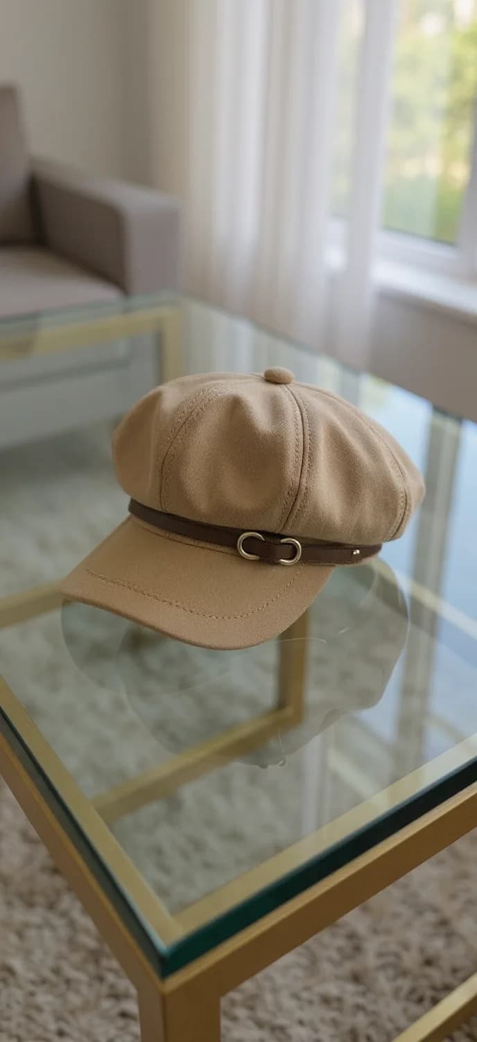 A high-quality product photograph of a tan-colored newsboy cap placed on a glass coffee table with gold metal framing. The cap has a leather band with a metal D-ring detail across the front. The cap is positioned in the center of the frame, casting a subtle reflection on the clear glass surface. The background shows a light-colored curtain panel and a window with natural daylight streaming in. The setting is a modern living room with a beige carpet visible at the bottom of the frame. The image has a shallow depth of field, with the cap in sharp focus while the background elements are slightly blurred. The lighting is soft and natural, creating gentle shadows beneath the cap on the glass surface.