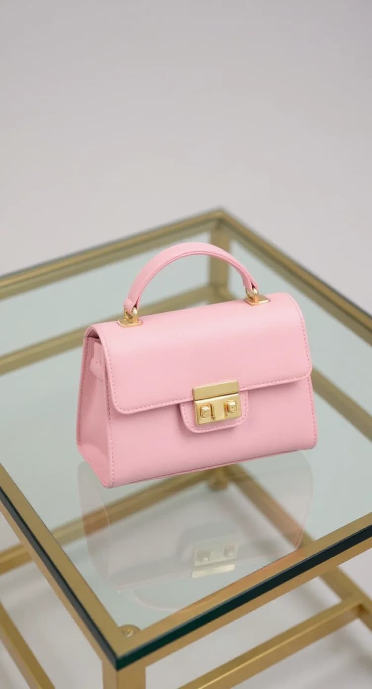A product photograph of a small pink leather handbag placed on a glass and gold metal side table. The handbag has a structured design with a flap closure and gold-toned hardware. The bag features a short top handle in matching pink leather and a rectangular clasp lock mechanism on the front flap. The handbag is positioned in the center of the frame, casting a subtle reflection on the glass surface below. The background is a plain light gray wall. The glass table has visible metal framing in a brass or gold finish. The lighting is soft and even, creating a clean, professional product photography aesthetic. The image is cropped to show the top portion of the table, with the edges of the frame cutting off part of the table's structure.