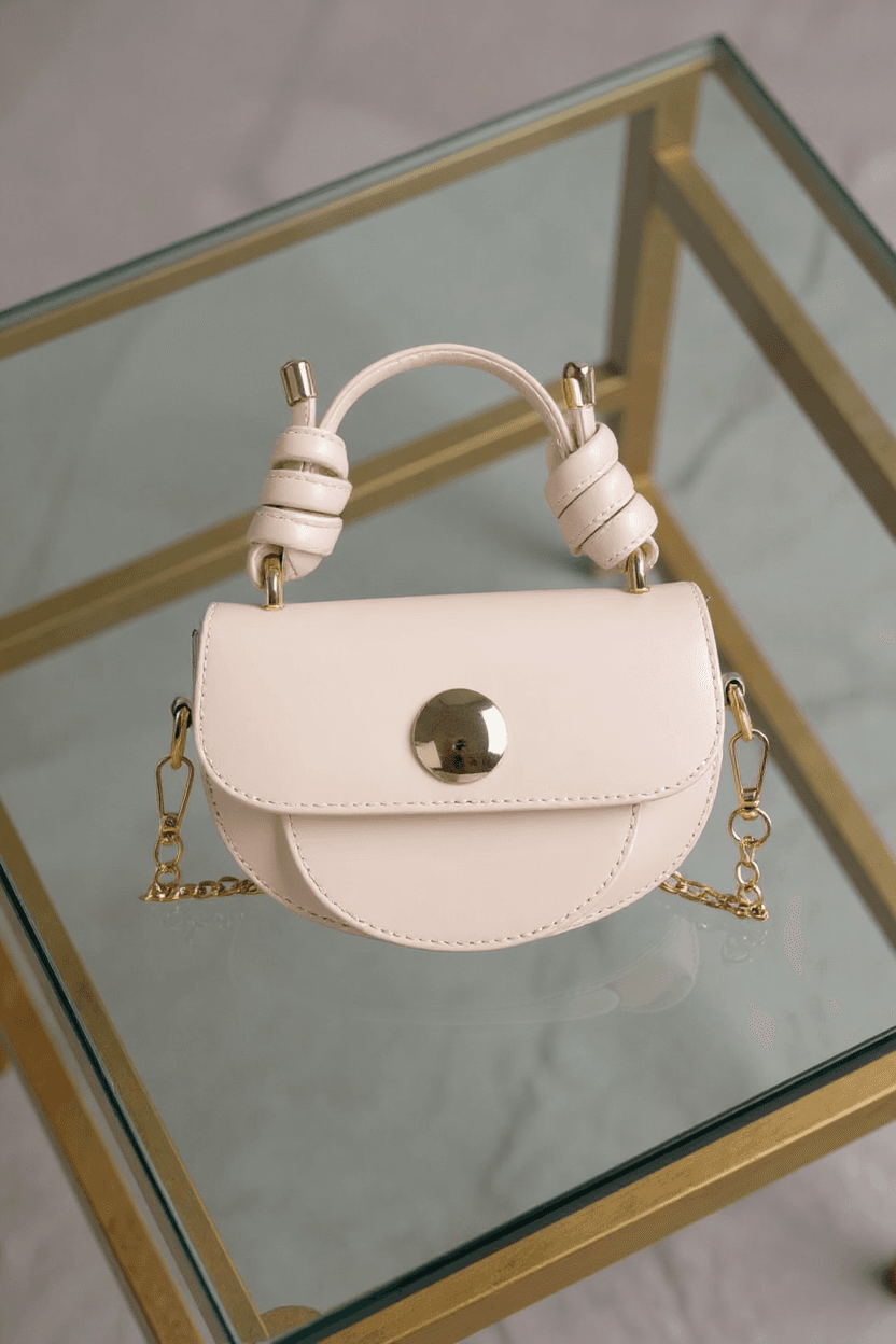 System product Elegant small cream shoulder bag – studio product shot for AI generation