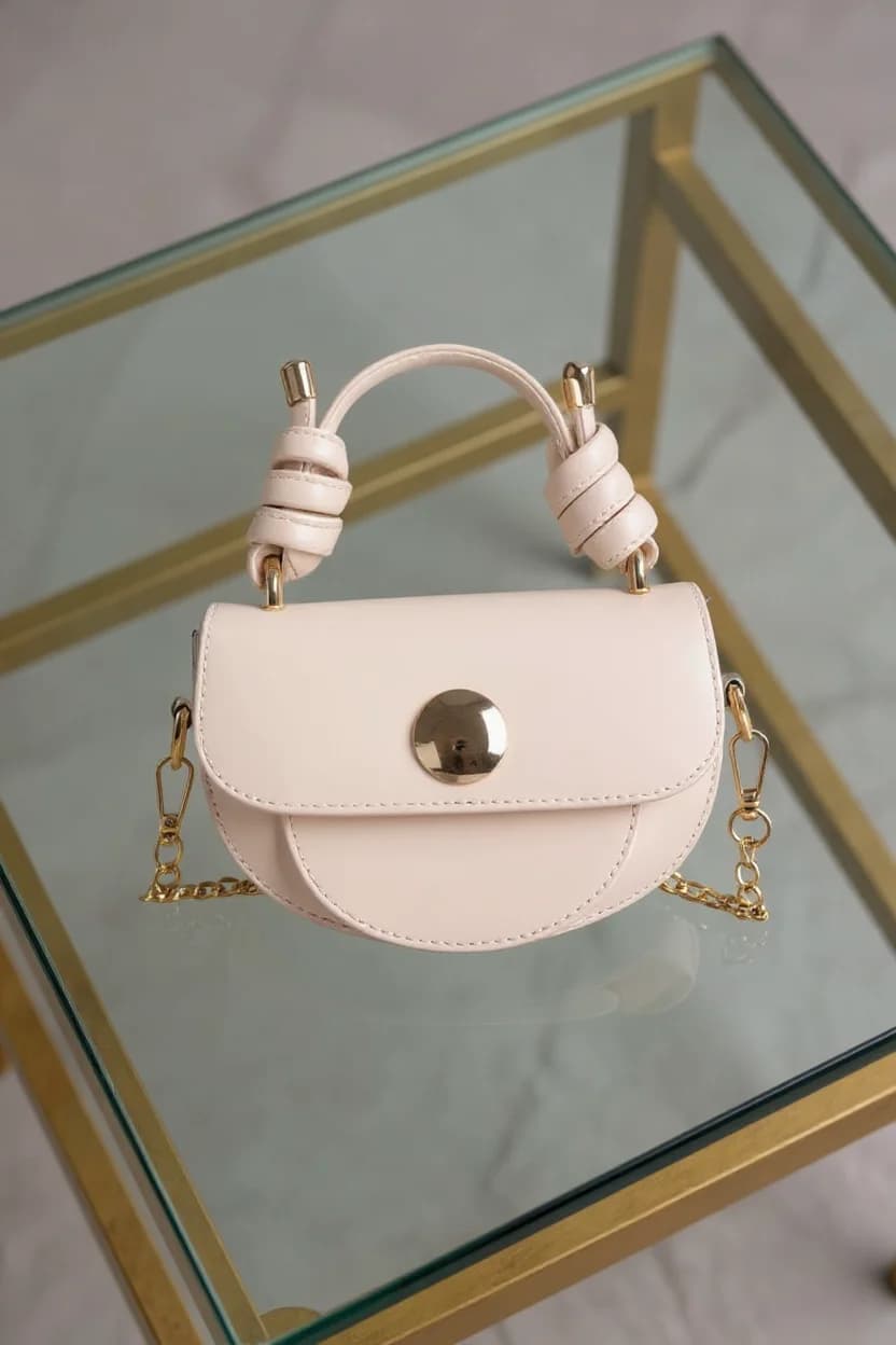 A high-end luxury handbag photographed on a glass and gold metal table. The handbag is cream-colored leather with a semi-circular shape and a flap closure. The bag features a distinctive twisted rope-style handle made of cream-colored leather knots. A circular metallic silver clasp serves as the closure mechanism. The bag has a gold chain strap attached to both sides. The handbag is positioned in the center of a glass table with gold metal framing visible in the background. The glass table has a reflective surface that creates a subtle mirror effect beneath the bag. The image has a soft, minimalist aesthetic with neutral tones and clean lines. The lighting is even and professional, highlighting the bag's smooth leather texture and metallic hardware.