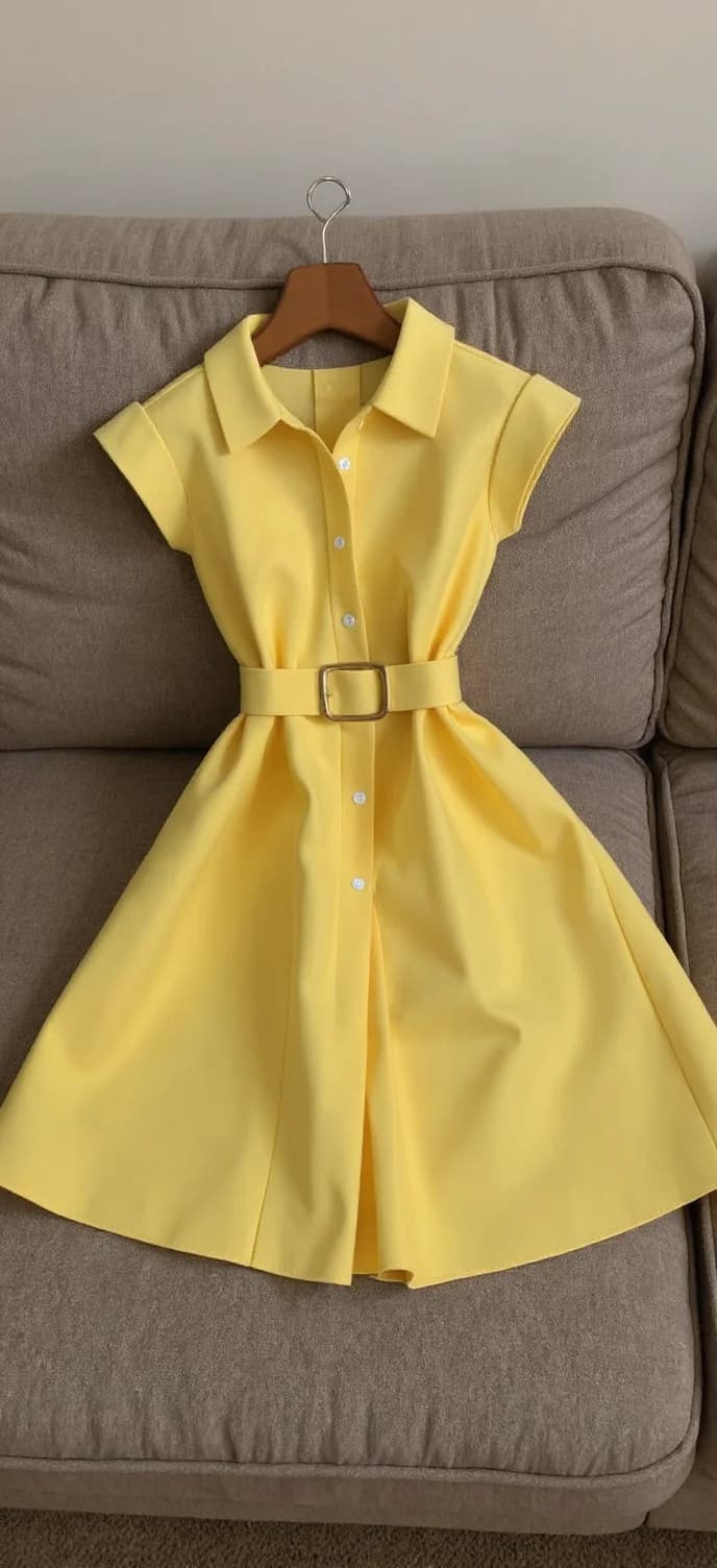 A bright yellow short-sleeved dress hanging on a wooden hanger with a silver metal hook, displayed on a gray fabric couch. The dress features a collared neckline, button-down front with white buttons, and a matching belt with a silver buckle at the waist. The dress has a flared A-line skirt that ends above the knee. The fabric is a crisp cotton material. The dress is photographed from above, laying flat on the gray couch cushions. The image is well-lit with natural lighting, creating subtle shadows beneath the dress. The background is a plain light-colored wall.