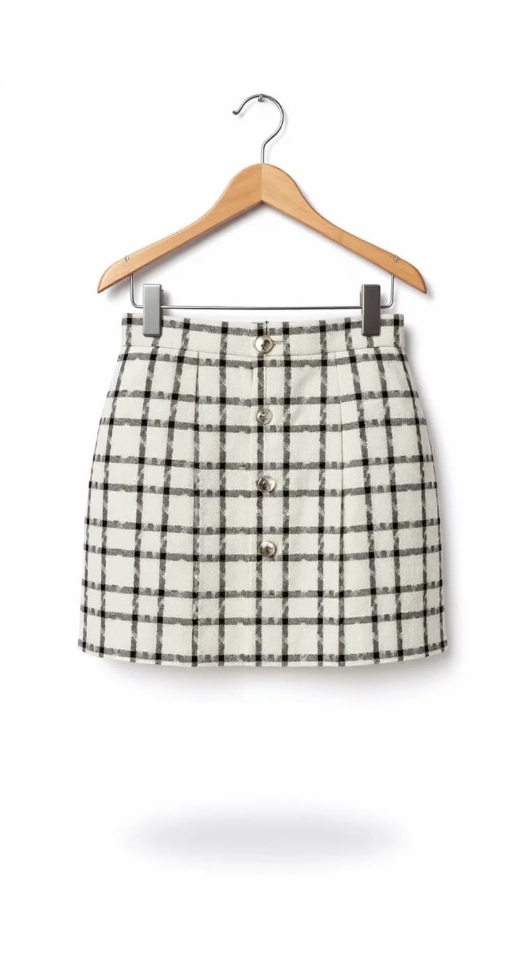 A black and white plaid mini skirt hanging on a wooden hanger against a white background. The skirt features a windowpane check pattern with thick black lines creating a grid against a cream-colored base fabric. The skirt has a high waist and a button-down front closure with five visible silver-toned buttons. The skirt is pleated and has a fitted silhouette. The wooden hanger is light brown in color with a metal hook at the top. The image is photographed from above, showing the full length of the skirt. The skirt casts a shadow beneath it on the white surface. The fabric has a textured, woven appearance typical of wool or tweed material.