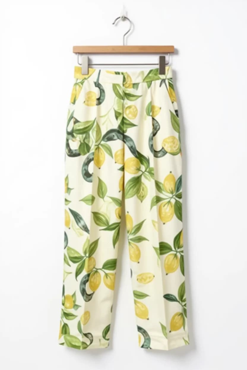 A pair of casual pants hanging on a wooden hanger against a white background. The pants feature a repeating pattern of yellow lemons and green leaves on a cream-colored base fabric. The lemons are depicted in a watercolor style, with detailed shading and highlights. The leaves are rendered in various shades of green, creating a natural, organic feel to the pattern. The pants are a relaxed fit with a straight leg cut, and the fabric has a slight sheen suggesting a cotton blend material. The pants are displayed in a flat lay position, showing the full length from waist to hem. The wooden hanger has a natural finish and a metal hook at the top. The image is well-lit with no shadows, creating a clean, commercial product photography style.