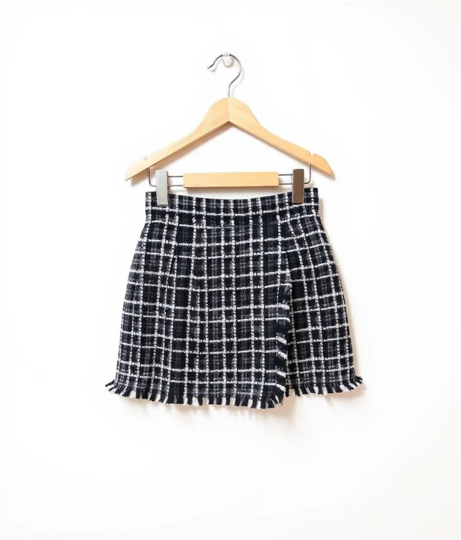 A black and white plaid skirt hanging on a wooden hanger against a plain white background. The skirt features a bold grid pattern with thick black lines intersecting with thin white lines. The hem of the skirt has a decorative fringe trim made of black and white threads. The skirt is pleated and falls above the knee, with a high waist design. The wooden hanger is natural light brown in color with a metal hook at the top. The image is shot from directly below, showing the full length of the skirt on the hanger. The lighting is bright and even, creating a clean, minimalist product photography aesthetic.