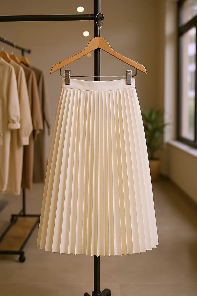 A high-quality product photography shot of a cream-colored pleated midi skirt hanging on a wooden hanger against a minimalist interior setting. The skirt features uniform box pleats running from waist to hem, creating a classic A-line silhouette. The wooden hanger has a natural finish and curved shoulders. In the background, there is a clothing rack with beige and brown garments partially visible and slightly out of focus. A window with natural lighting is visible on the right side of the frame, and a small green potted plant sits near the window. The floor is light-colored hardwood, and the walls are painted in a warm beige tone. The image has a soft, warm color palette and professional studio lighting that creates subtle shadows beneath the skirt.